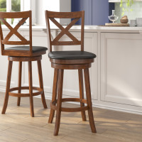 Flash Furniture ES-UN1-29-OAK-GG Felicity Commercial Grade Wood Classic Crossback Swivel Bar Height Barstool with Padded Black LeatherSoft Seat, Antique Oak