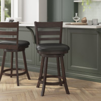 Flash Furniture ES-UN3-24-ESP-GG Zerrick Commercial Grade Wood Classic Ladderback Swivel Counter Height Barstool with Padded Black LeatherSoft Seat, Espresso