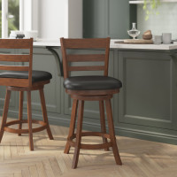 Flash Furniture ES-UN3-24-OAK-GG Zerrick Commercial Grade Wood Classic Ladderback Swivel Counter Height Barstool with Padded Black LeatherSoft Seat, Antique Oak