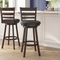Flash Furniture ES-UN3-29-ESP-GG Zerrick Commercial Grade Wood Classic Ladderback Swivel Bar Height Barstool with Padded Black LeatherSoft Seat, Espresso