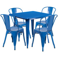 Flash Furniture ET-CT002-4-30-BL-GG 31.5" Square Blue Metal Indoor Table Set with 4 Stack Chairs