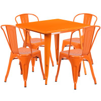 Flash Furniture ET-CT002-4-30-OR-GG 31.5" Square Orange Metal Indoor Table Set with 4 Stack Chairs