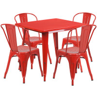 Flash Furniture ET-CT002-4-30-RED-GG 31.5" Square Red Metal Indoor Table Set with 4 Stack Chairs