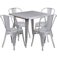 Flash Furniture ET-CT002-4-30-SIL-GG 31.5" Square Silver Metal Indoor Table Set with 4 Stack Chairs