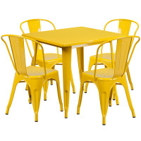 Flash Furniture ET-CT002-4-30-YL-GG 31.5" Square Yellow Metal Indoor Table Set with 4 Stack Chairs