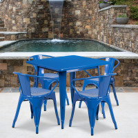 Flash Furniture ET-CT002-4-70-BL-GG 31.5" Square Blue Metal Indoor Table Set with 4 Arm Chairs