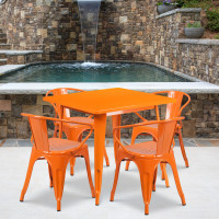 Flash Furniture ET-CT002-4-70-OR-GG 31.5" Square Orange Metal Indoor Table Set with 4 Arm Chairs