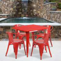 Flash Furniture ET-CT002-4-70-RED-GG 31.5" Square Red Metal Indoor Table Set with 4 Arm Chairs