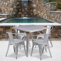Flash Furniture ET-CT002-4-70-SIL-GG 31.5" Square Silver Metal Indoor Table Set with 4 Arm Chairs