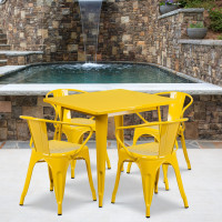 Flash Furniture ET-CT002-4-70-YL-GG 31.5" Square Yellow Metal Indoor Table Set with 4 Arm Chairs