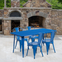 Flash Furniture ET-CT005-4-30-BL-GG 31.5" x 63" Rectangular Blue Metal Indoor Table Set with 4 Stack Chairs