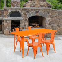 Flash Furniture ET-CT005-4-30-OR-GG 31.5" x 63" Rectangular Orange Metal Indoor Table Set with 4 Stack Chairs