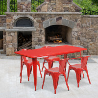 Flash Furniture ET-CT005-4-70-RED-GG 31.5" x 63" Rectangular Red Metal Indoor Table Set with 4 Arm Chairs