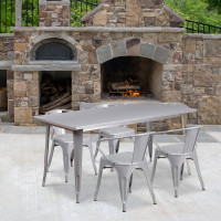 Flash Furniture ET-CT005-4-70-SIL-GG 31.5" x 63" Rectangular Silver Metal Indoor Table Set with 4 Arm Chairs