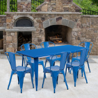 Flash Furniture ET-CT005-6-30-BL-GG 31.5" x 63" Rectangular Blue Metal Indoor Table Set with 6 Stack Chairs