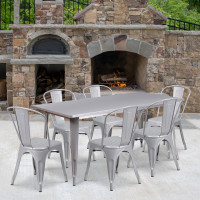Flash Furniture ET-CT005-6-30-SIL-GG 31.5" x 63" Rectangular Silver Metal Indoor Table Set with 6 Stack Chairs
