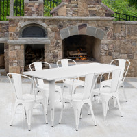 Flash Furniture ET-CT005-6-30-WH-GG 31.5" x 63" Rectangular White Metal Indoor Table Set with 6 Stack Chairs