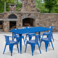 Flash Furniture ET-CT005-6-70-BL-GG 31.5" x 63" Rectangular Blue Metal Indoor Table Set with 6 Arm Chairs