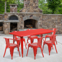 Flash Furniture ET-CT005-6-70-RED-GG 31.5" x 63" Rectangular Red Metal Indoor Table Set with 6 Arm Chairs