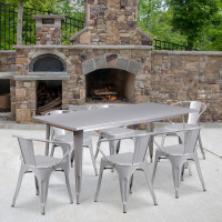 Flash Furniture ET-CT005-6-70-SIL-GG 31.5" x 63" Rectangular Silver Metal Indoor Table Set with 6 Arm Chairs