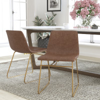 Flash Furniture ET-ER18345-18-LB-GG 18 inch Dining Table Height Chair, Mid-Back Sled Base Dining Chair in Light Brown LeatherSoft with Gold Frame, Set of 2
