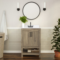Flash Furniture FS-VEGA24-BR-GG Vega 24 Inch Bathroom Vanity with Sink Combo, Storage Cabinet with Soft Close Doors and Open Shelf, Carrara Marble Finish Countertop, Brown/White