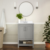 Flash Furniture FS-VEGA24-GY-GG Vega 24 Inch Bathroom Vanity with Sink Combo, Storage Cabinet with Soft Close Doors and Open Shelf, Carrara Marble Finish Countertop, Gray/White
