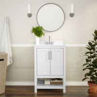 Flash Furniture FS-VEGA24-WH-GG Vega 24 Inch Bathroom Vanity with Sink Combo, Storage Cabinet with Soft Close Doors and Open Shelf, Carrara Marble Finish Countertop, White/White