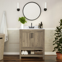 Flash Furniture FS-VEGA30-BR-GG Vega 30 Inch Bathroom Vanity with Sink Combo, Storage Cabinet with Soft Close Doors and Open Shelf, Carrara Marble Finish Countertop, Brown/White