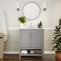 Flash Furniture FS-VEGA30-GY-GG Vega 30 Inch Bathroom Vanity with Sink Combo, Storage Cabinet with Soft Close Doors and Open Shelf, Carrara Marble Finish Countertop, Gray/White