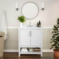 Flash Furniture FS-VEGA30-WH-GG Vega 30 Inch Bathroom Vanity with Sink Combo, Storage Cabinet with Soft Close Doors and Open Shelf, Carrara Marble Finish Countertop, White/White
