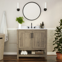 Flash Furniture FS-VEGA36-BR-GG Vega 36 Inch Bathroom Vanity with Sink Combo, Storage Cabinet with Soft Close Doors and Open Shelf, Carrara Marble Finish Countertop, Brown/White