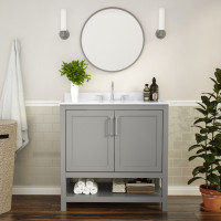 Flash Furniture FS-VEGA36-GY-GG Vega 36 Inch Bathroom Vanity with Sink Combo, Storage Cabinet with Soft Close Doors and Open Shelf, Carrara Marble Finish Countertop, Gray/White