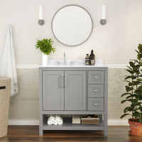 Flash Furniture FS-VEGA36-KD-GY-GG Vega 36 Inch Bathroom Vanity with Sink, Storage Cabinet with Soft Close Doors, Open Shelf and 3 Drawers, Carrara Marble Finish Countertop, Gray/White
