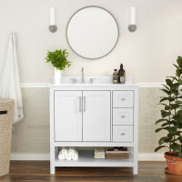 Flash Furniture FS-VEGA36-KD-WH-GG Vega 36 Inch Bathroom Vanity with Sink, Storage Cabinet with Soft Close Doors, Open Shelf and 3 Drawers, Carrara Marble Finish Countertop, White/White