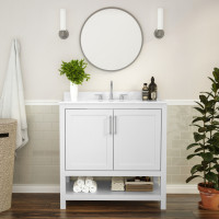 Flash Furniture FS-VEGA36-WH-GG Vega 36 Inch Bathroom Vanity with Sink Combo, Storage Cabinet with Soft Close Doors and Open Shelf, Carrara Marble Finish Countertop, White/White