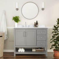 Flash Furniture FS-VEGA42-GY-GG Vega 42 Inch Bathroom Vanity with Sink, Storage Cabinet with Soft Close Doors, Open Shelf and 3 Drawers, Carrara Marble Finish Countertop, Gray/White