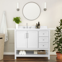 Flash Furniture FS-VEGA42-WH-GG Vega 42 Inch Bathroom Vanity with Sink, Storage Cabinet with Soft Close Doors, Open Shelf and 3 Drawers, Carrara Marble Finish Countertop, White/White