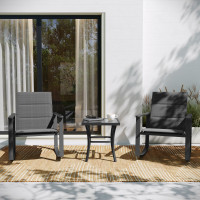 Flash Furniture FV-FSC-2315-BLK-GG Brazos 3 Piece Outdoor Rocking Chair Bistro Set with Flex Comfort Material and Steel Framed Glass Top Table, Black/Black