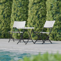 Flash Furniture FV-FWA085-BLK-WHT-GG Rouen Three Piece Commercial Grade Foldable French Bistro Set, Indoor/Outdoor PE Rattan Back, Seat and Table Top, Black/White with Black Steel Frames