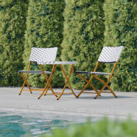 Flash Furniture FV-FWA085-NVY-WHT-GG Rouen Three Piece Commercial Grade Foldable French Bistro Set, Indoor/Outdoor PE Rattan Back, Seat and Table Top, Navy/White with Natural Steel Frames