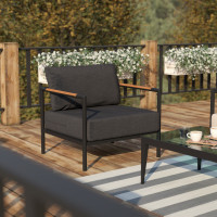 Flash Furniture GM-201027-1S-CH-GG Lea Indoor/Outdoor Patio Chair with Cushions - Modern Aluminum Framed Chair with Teak Accented Arms, Black with Charcoal Cushions