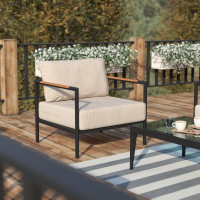 Flash Furniture GM-201027-1S-GY-GG Lea Indoor/Outdoor Patio Chair with Cushions - Modern Aluminum Framed Chair with Teak Accented Arms, Black with Beige Cushions