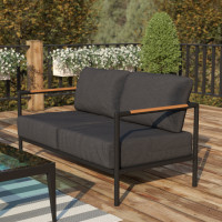 Flash Furniture GM-201027-2S-CH-GG Lea Indoor/Outdoor Loveseat with Cushions-Modern Aluminum Framed Loveseat with Teak Accent Arms, Black with Charcoal Cushions