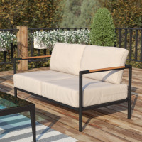Flash Furniture GM-201027-2S-GY-GG Lea Indoor/Outdoor Patio Loveseat with Cushions-Modern Aluminum Framed Loveseat with Teak Accent Arms, Black with Beige Cushions