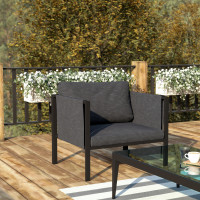 Flash Furniture GM-201108-1S-CH-GG Lea Indoor/Outdoor Patio Chair with Cushions - Modern Steel Framed Chair with Storage Pockets, Black with Charcoal Cushions