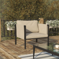 Flash Furniture GM-201108-1S-GY-GG Lea Indoor/Outdoor Patio Chair with Cushions - Modern Steel Framed Chair with Storage Pockets, Black with Beige Cushions