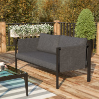 Flash Furniture GM-201108-2S-CH-GG Lea Indoor/Outdoor Loveseat with Cushions - Modern Steel Framed Chair with Storage Pockets, Black with Charcoal Cushions
