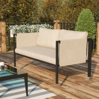 Flash Furniture GM-201108-2S-GY-GG Lea Indoor/Outdoor Loveseat with Cushions - Modern Steel Framed Chair with Storage Pockets, Black with Beige Cushions
