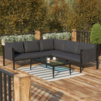 Flash Furniture GM-201108-SEC-CH-GG Lea Indoor/Outdoor Sectional with Cushions - Modern Steel Framed Chair with Dual Storage Pockets, Black with Charcoal Cushions